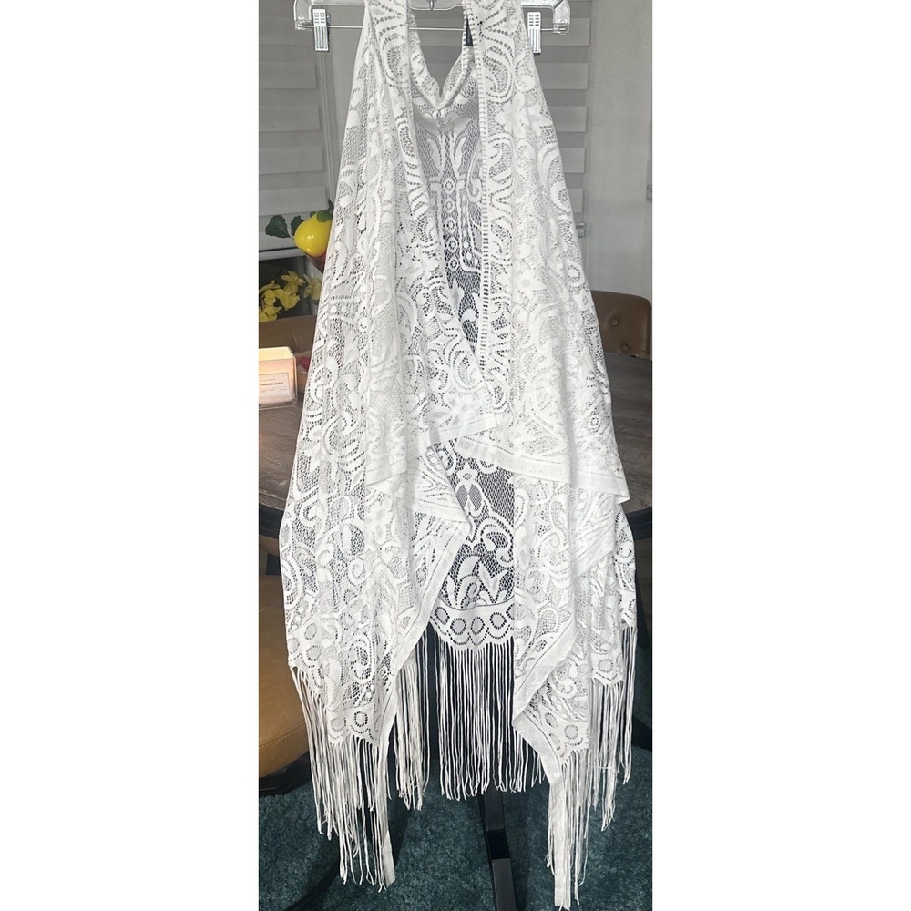 Crocheted Look Polyester Lace Vest with Fringed Bottom/Knee length